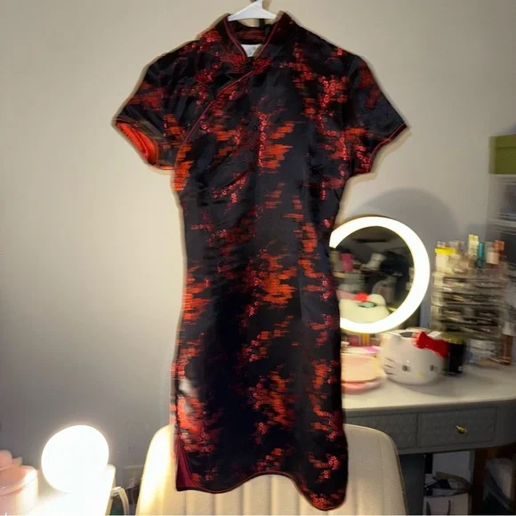 Chinese Mini Black and Red Floral Dress - Picture 4 of 12